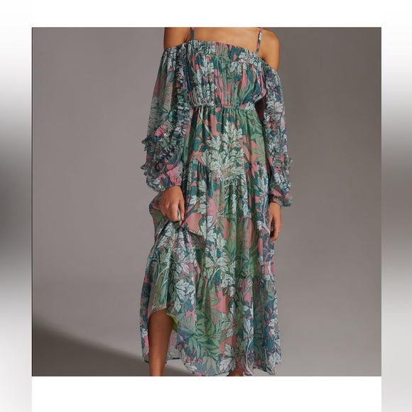 Anthropologie Dresses & Skirts - Anthropologie let me be Green and Pink Floral Long Sleeve maxi Dress size small